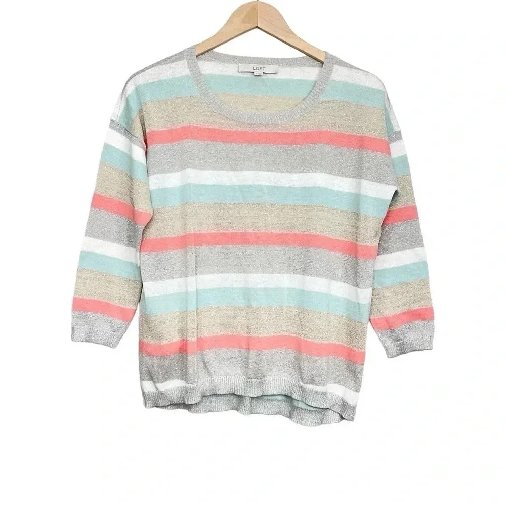 Ann Taylor Loft Striped Linen Sweater 3/4 Sleeve Size Small